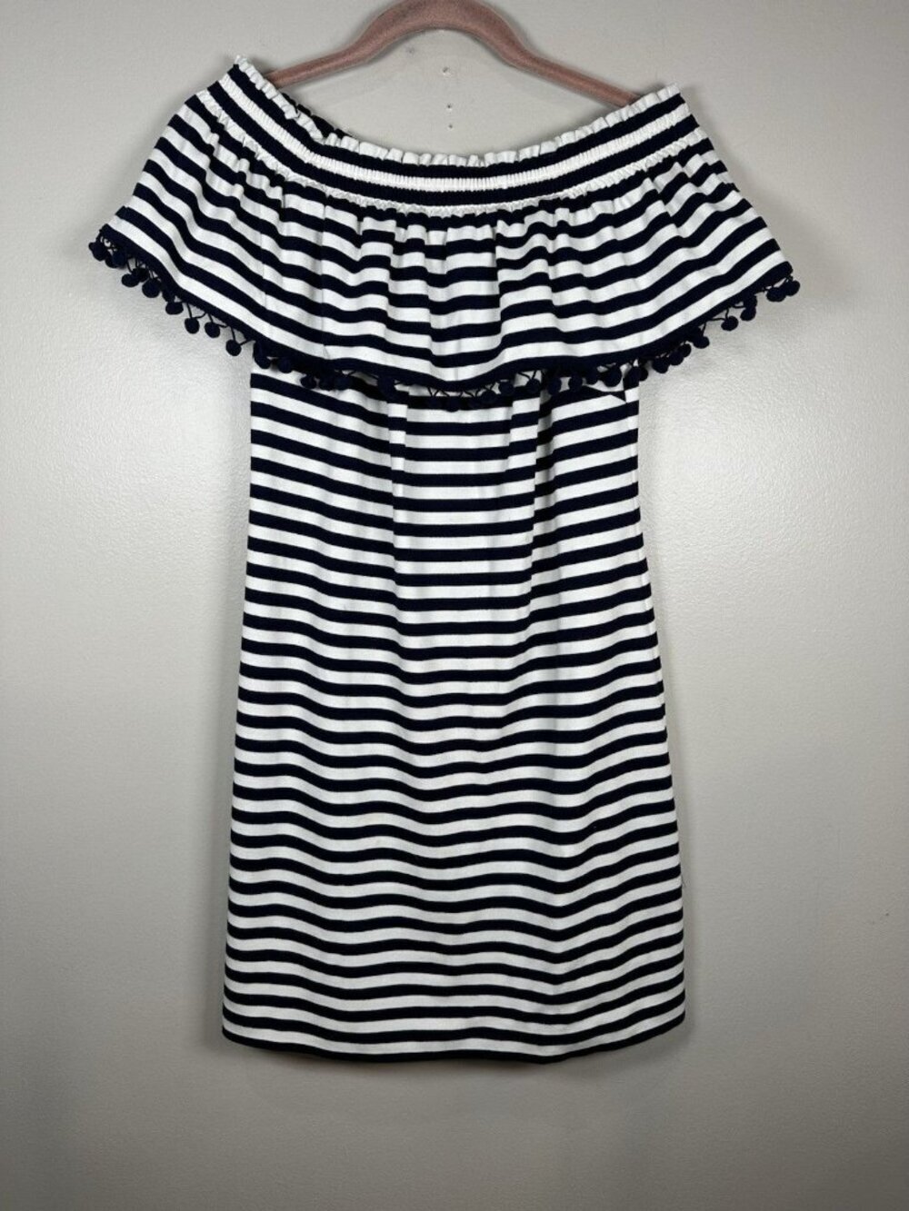 Heyton Stripped Dress Size 8 Off Shoulder Pom Pom Black White Stripe Vacation